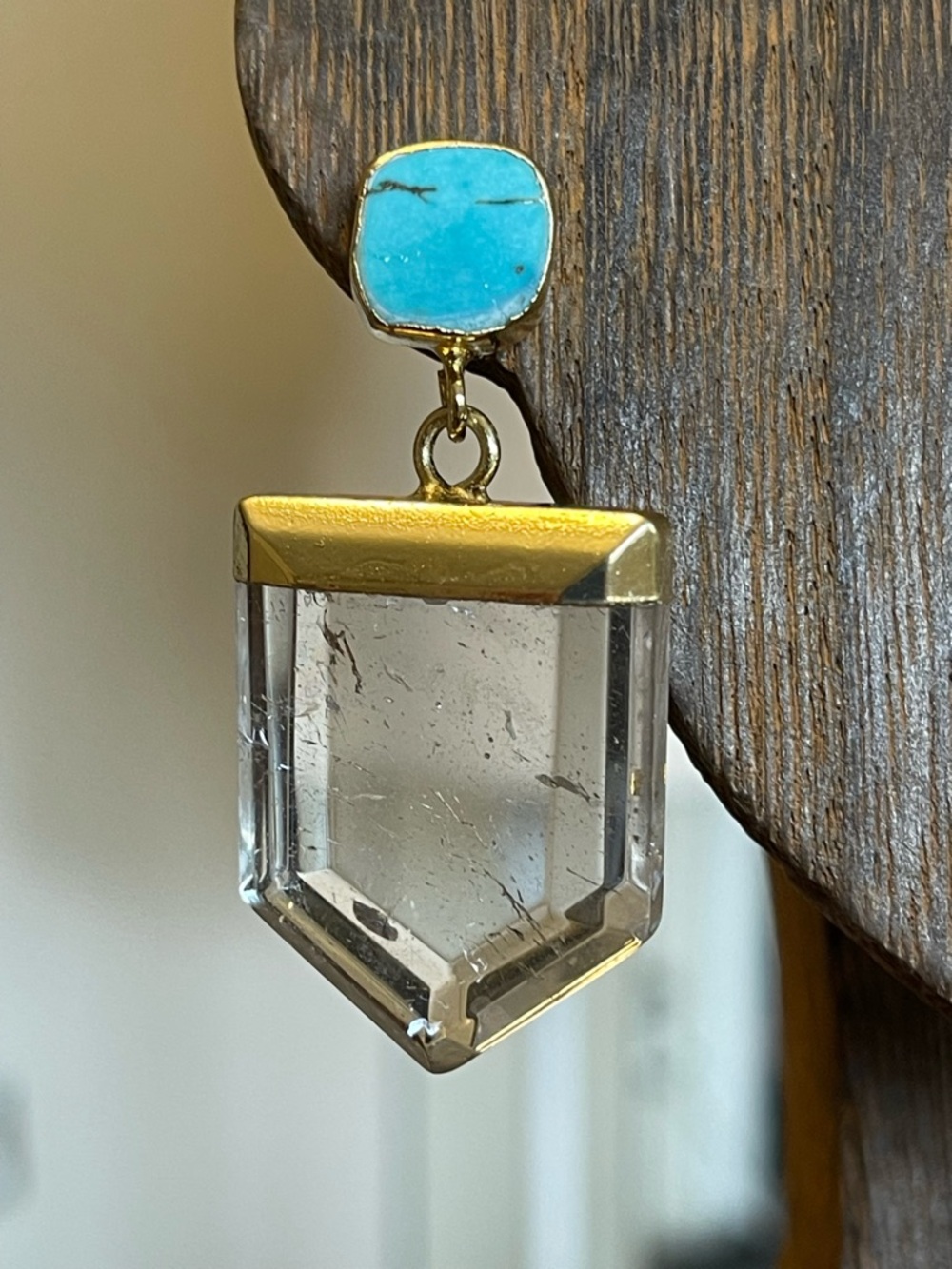 Gold-Tone Earrings with Turquoise Studs and Clear Crystal Drops - Picture 3 of 8